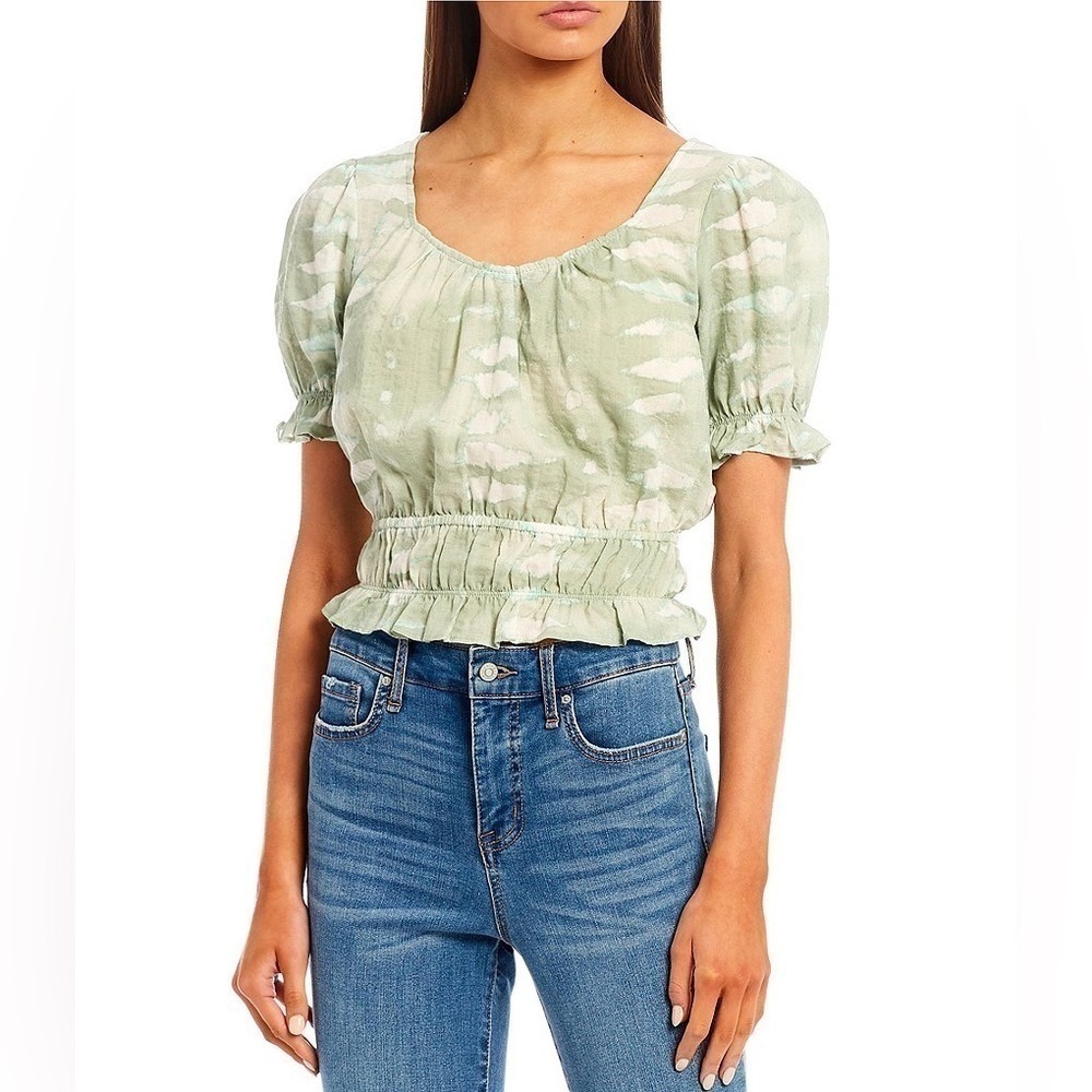 Good Luck Gem Tie Dye Puff Sleeve Peasant Top SZ S Light Green